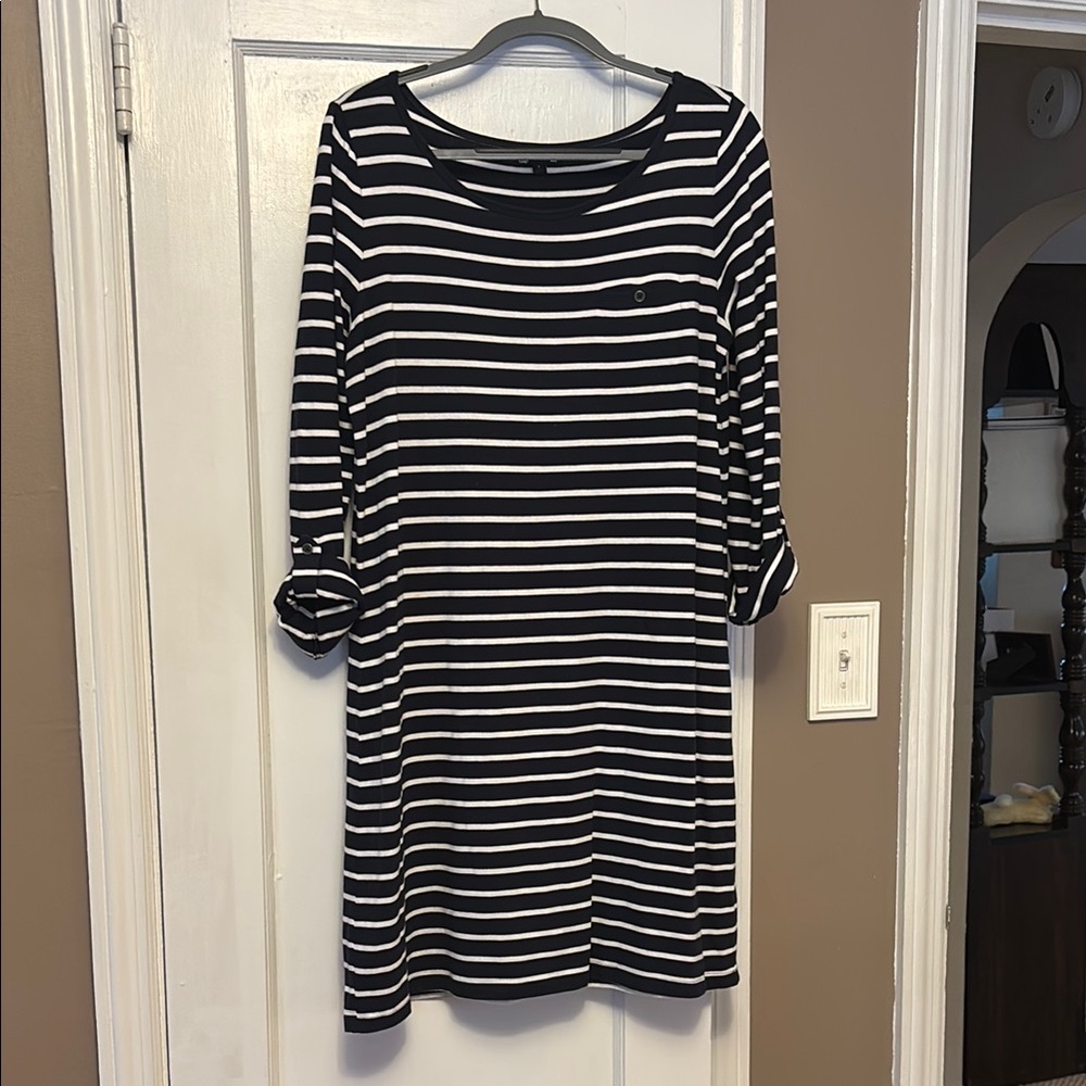 GAP Blue and White Ruched Long Sleeve Dress